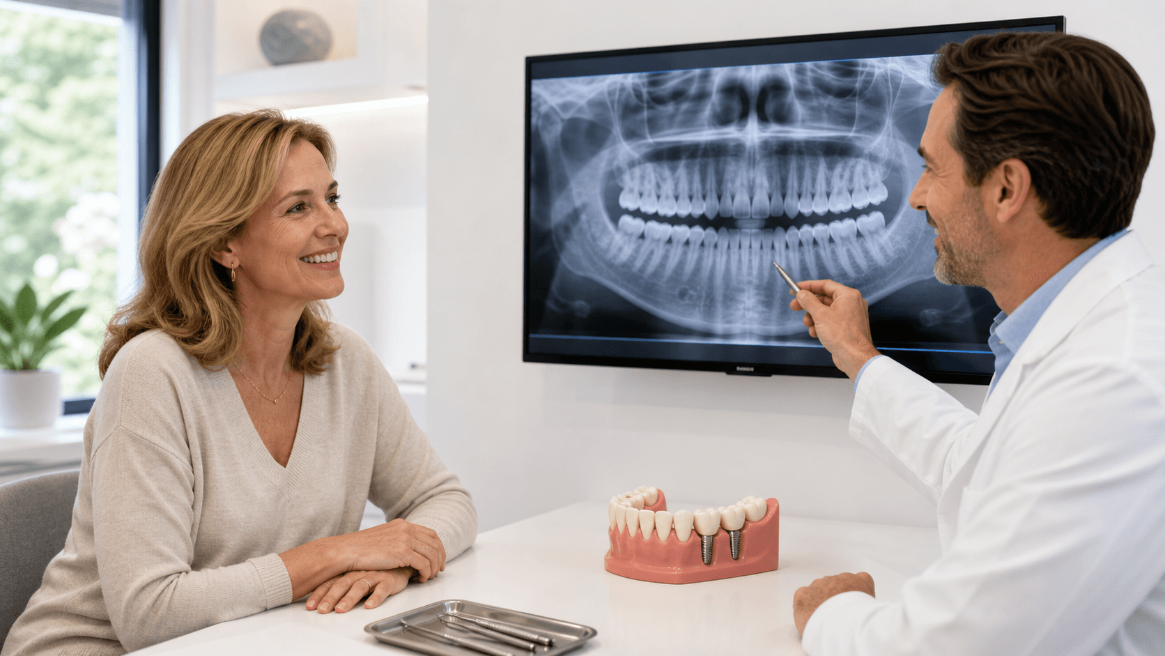 Smiling dentist reviews dental implant X-rays with a patient in a bright, modern office.