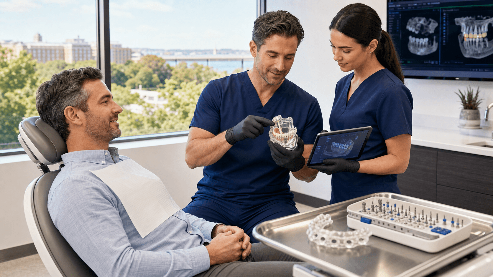 Smiling patient in a dental chair as a dentist points to a jaw implant model in a bright white clinic.