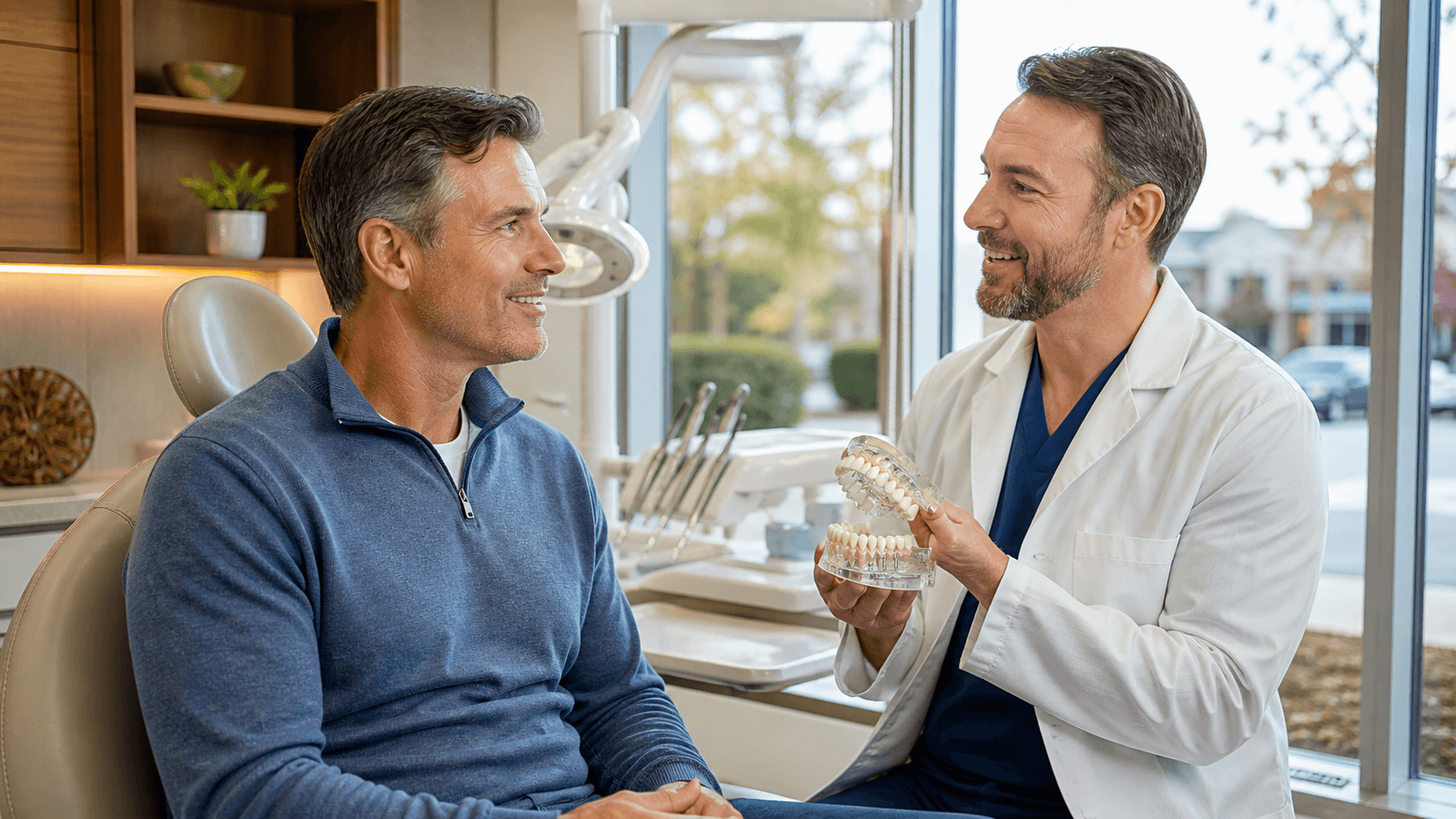 Smiling older woman consulting with a dentist in a bright modern office with dental models on the desk.