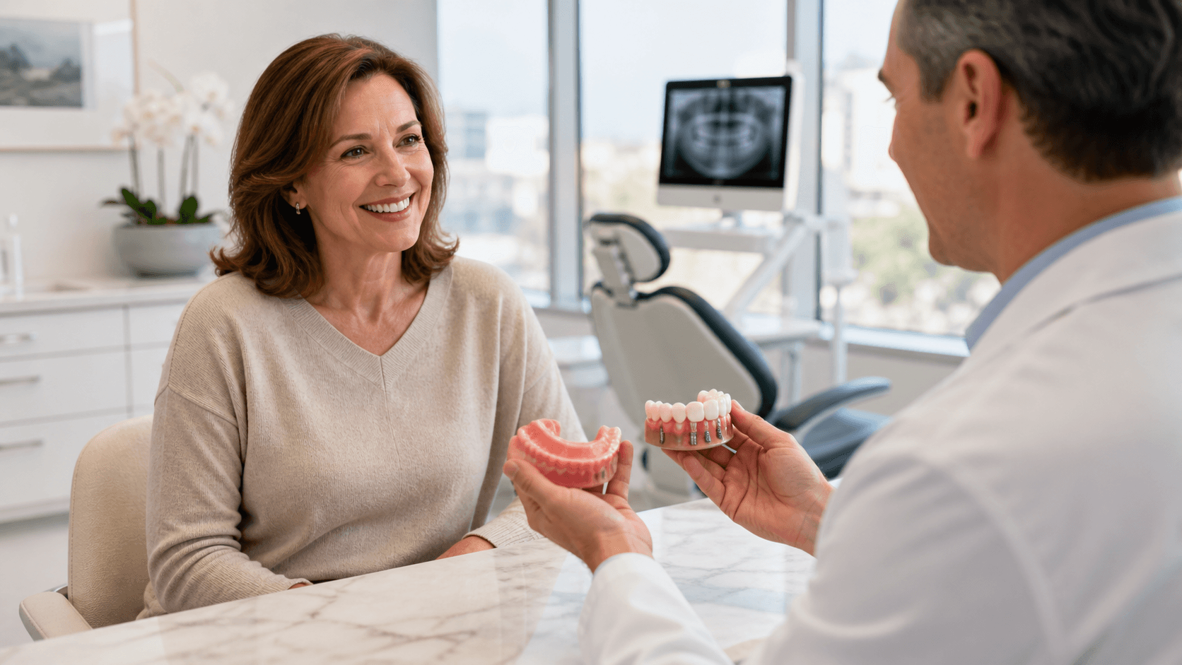 Smiling older woman and dentist review a jaw model beside dental implants in a bright clinic.
