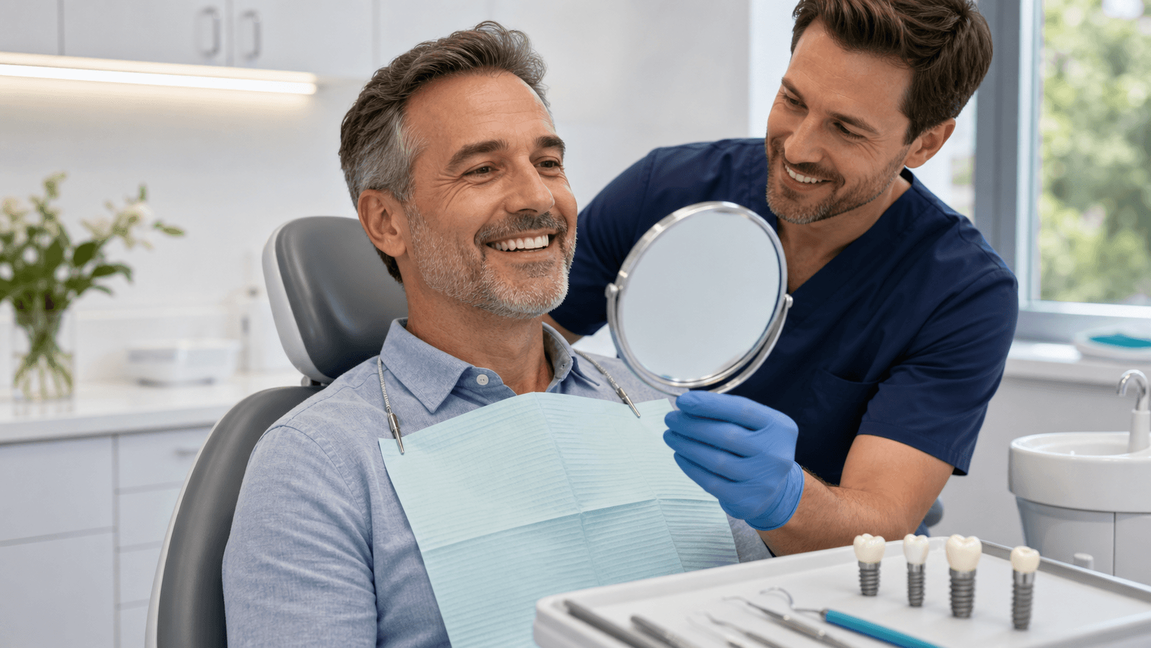 Smiling middle-aged woman in a dental chair as a dentist holds a jaw model, bright clinic lighting and blue accents