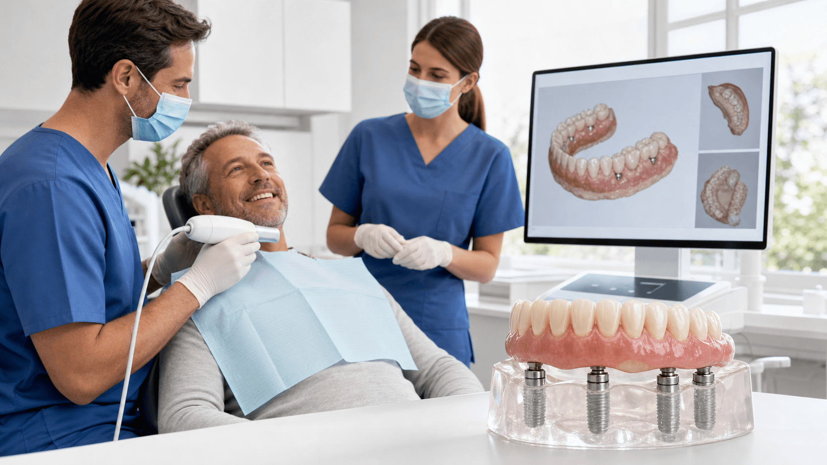 Close-up of a smiling mouth with implant-supported dentures, glossy white teeth against soft neutral background.