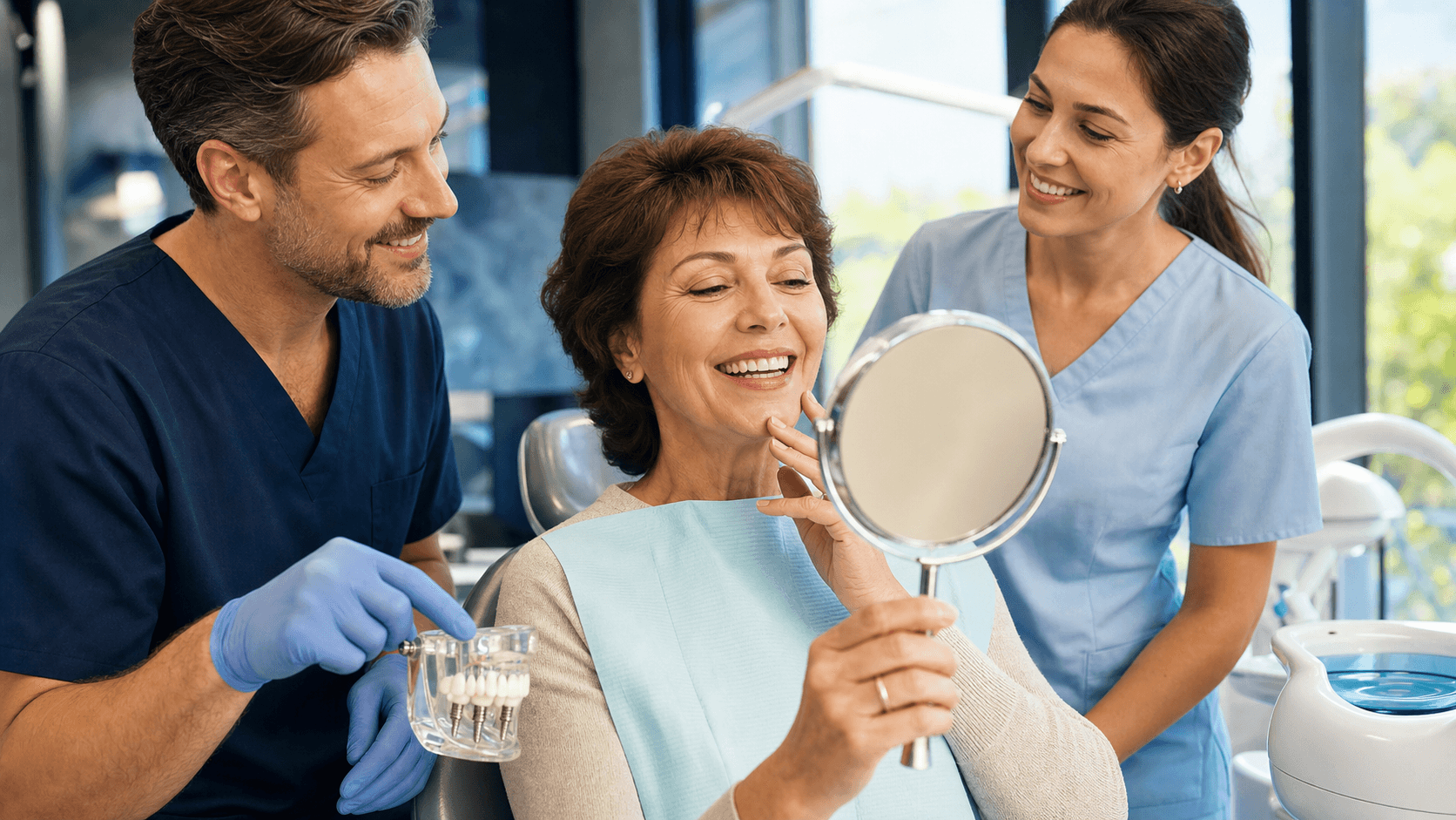 Smiling woman with bright white teeth in a sunlit dental chair, dentist hands holding tools in the foreground.
