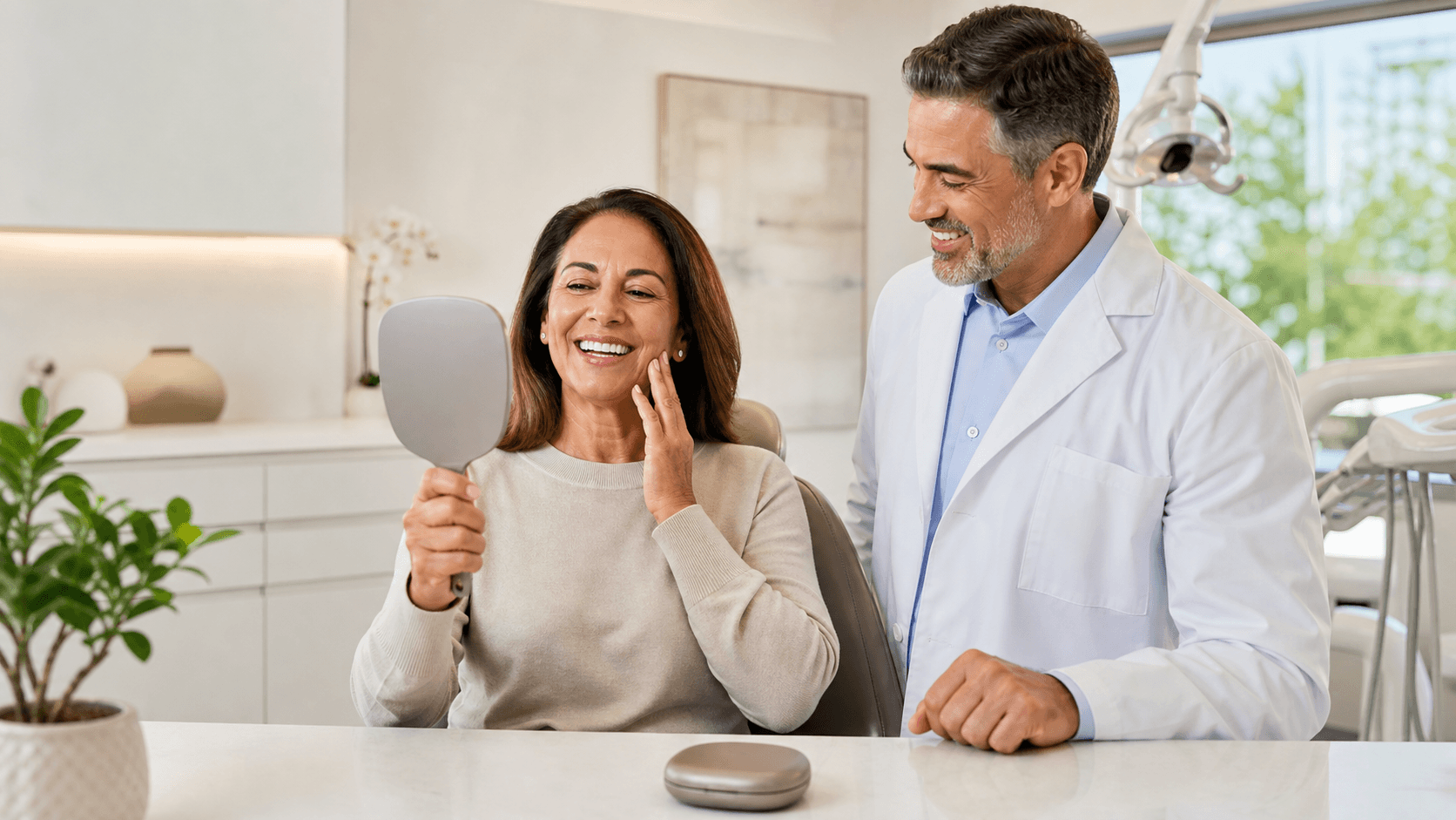 Smiling older man holds dentures beside a dental implant model against a bright blue background.