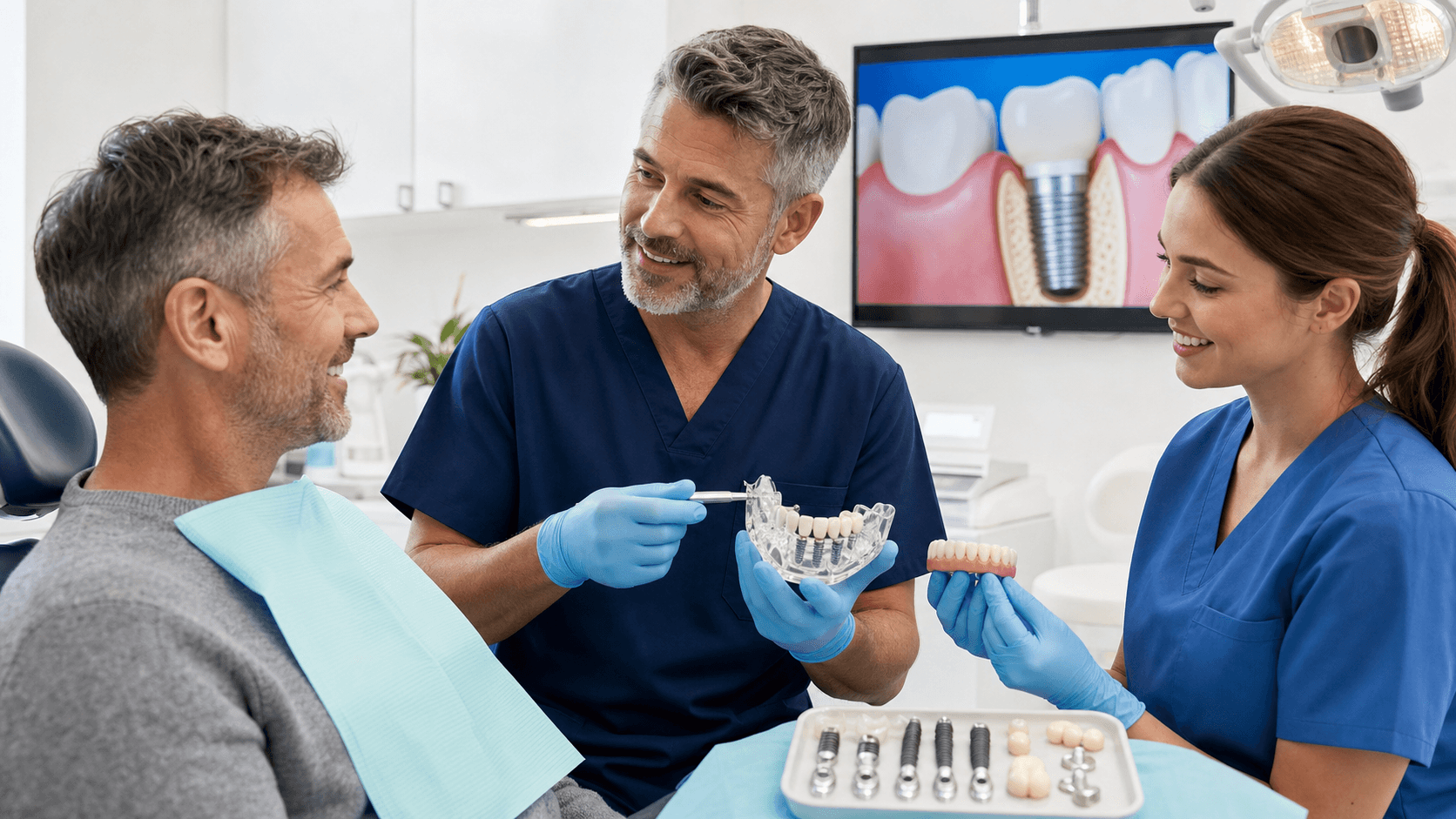 Smiling patient in a dental chair as a dentist holds a tooth model, with bright white clinic lighting and blue accents.