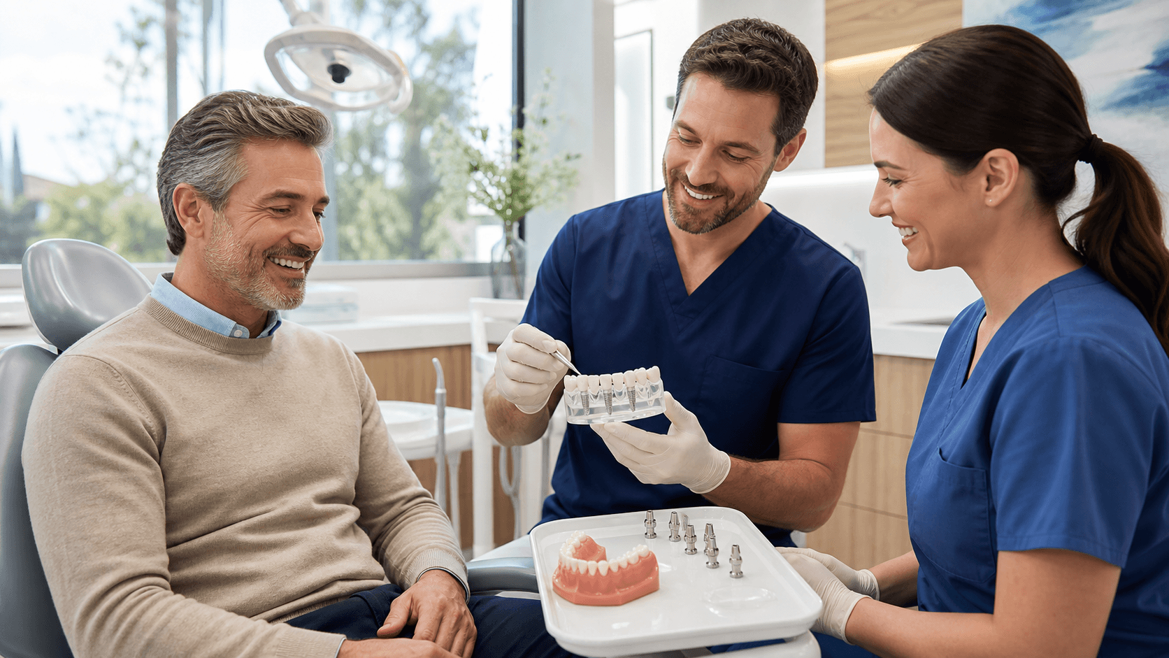 Smiling woman points to bright white teeth in a dental chair, with soft blue clinic lighting and blurred tools behind.