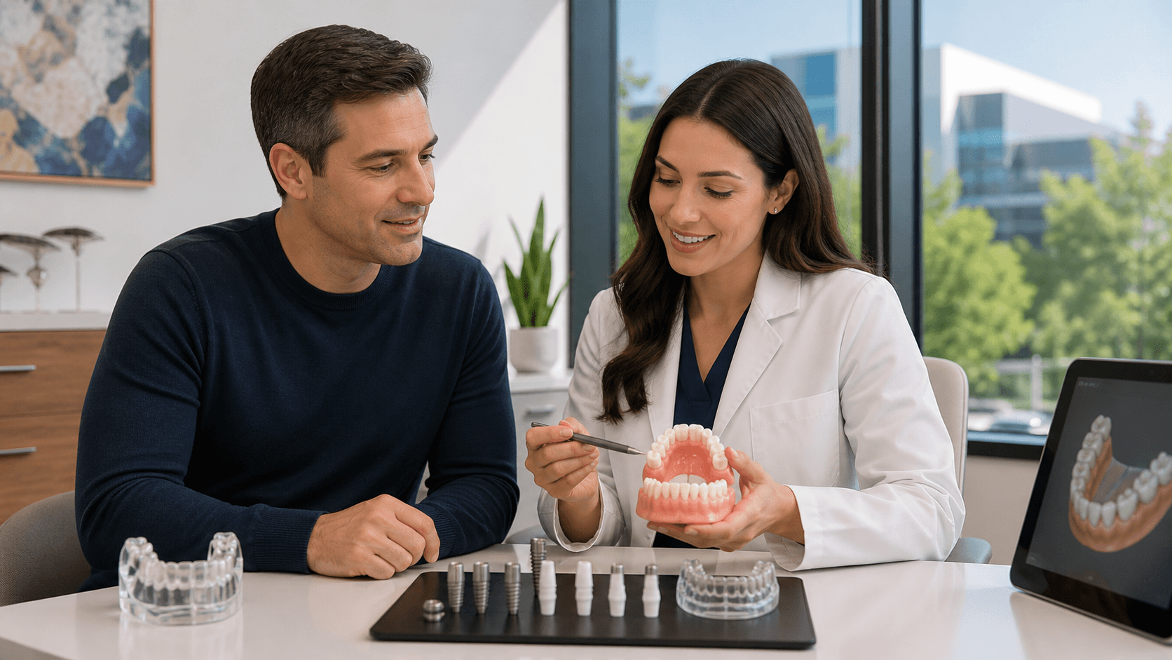 Smiling woman in a dental chair consults with a dentist beside a digital jaw X-ray display.