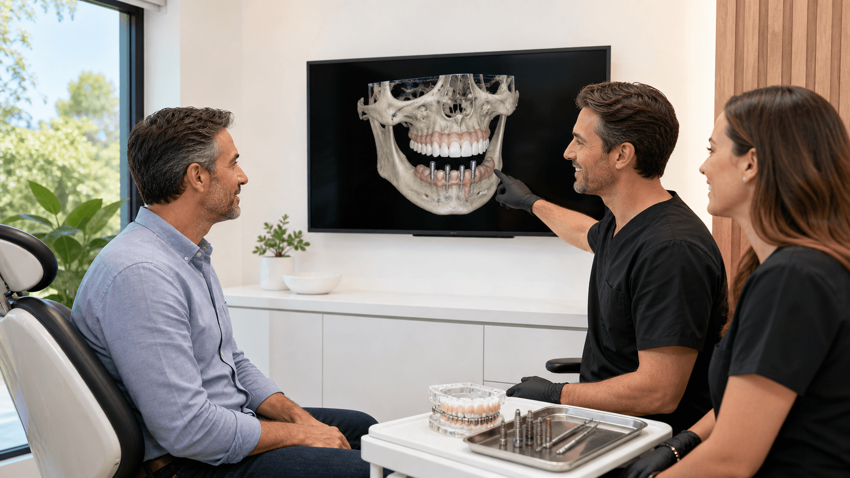 Flat lay of a dental clipboard checklist with 3D jaw X-ray image, pen, and blue gloves on a white desk