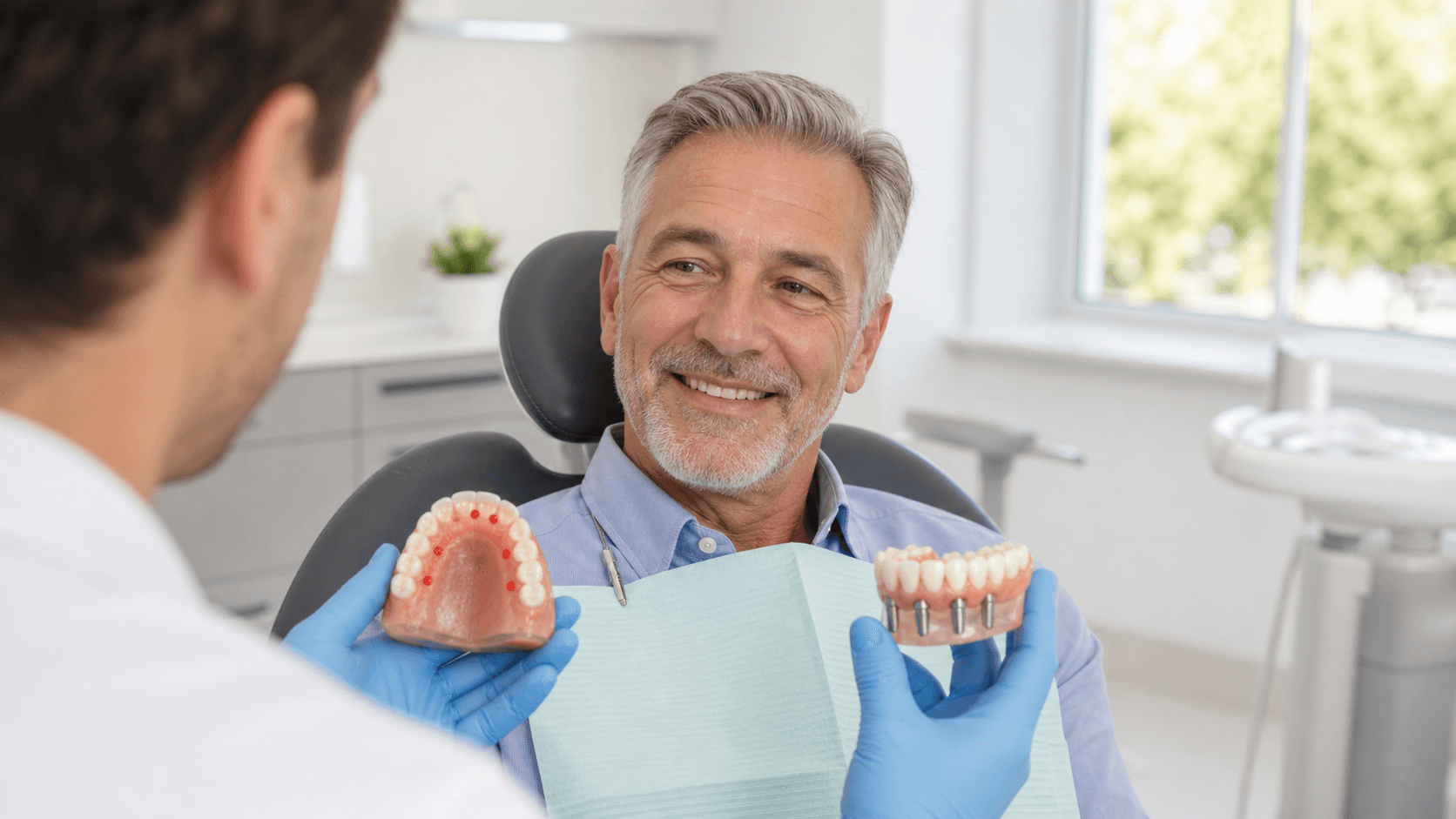 3D rendering of upper and lower dental arches with implants, pink gums and white teeth on a light background