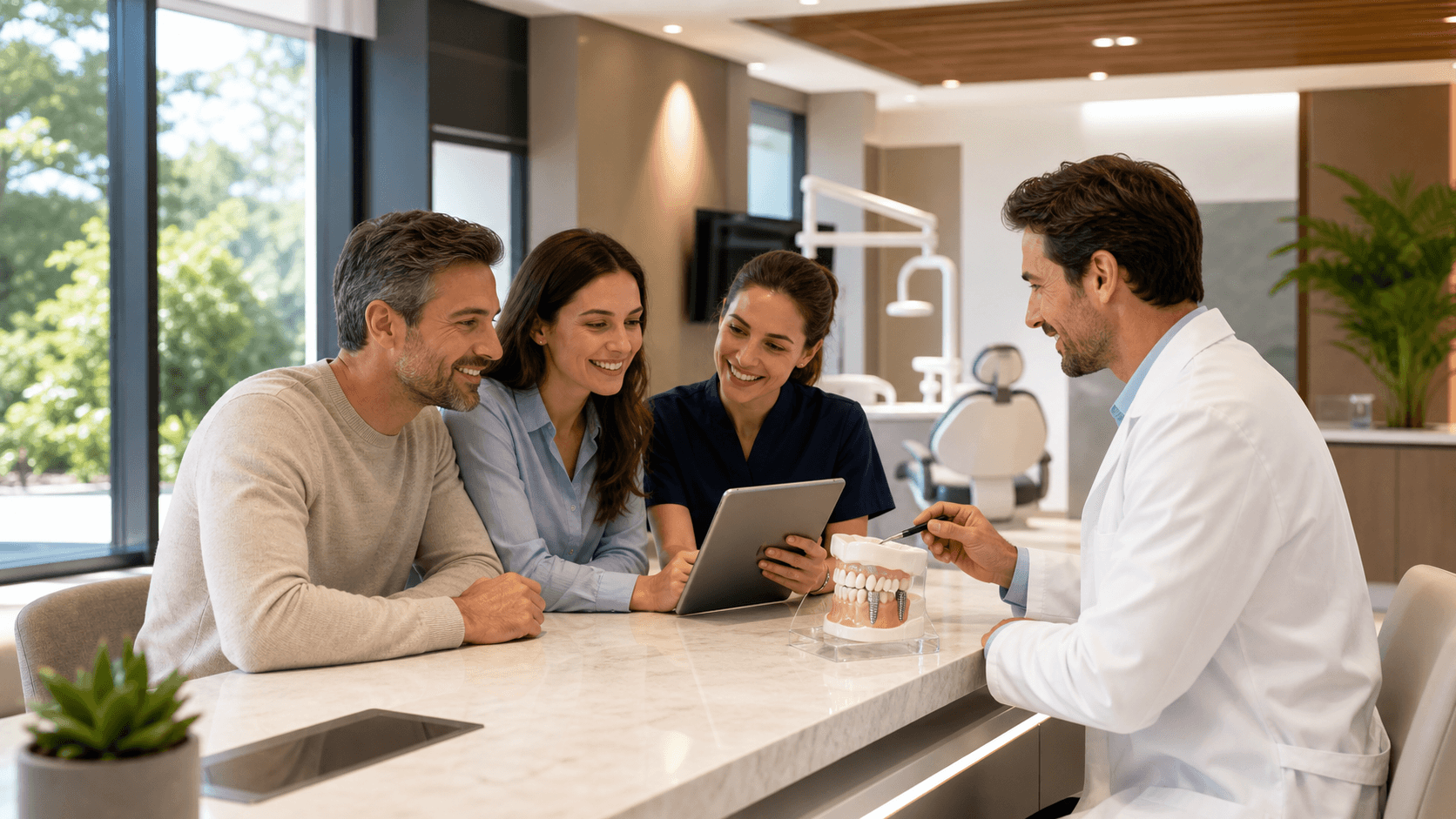 Smiling patient in a dental chair as a dentist points to a tooth implant model under bright clinic lights.