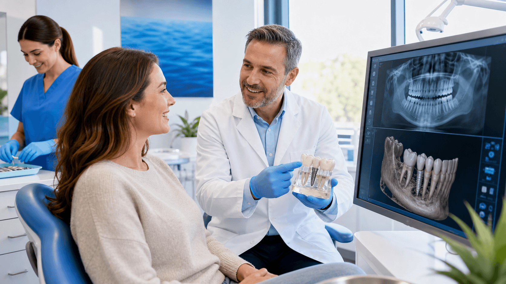 Close-up dental implant model beside an extracted tooth, shown in clean white and blue clinical lighting.