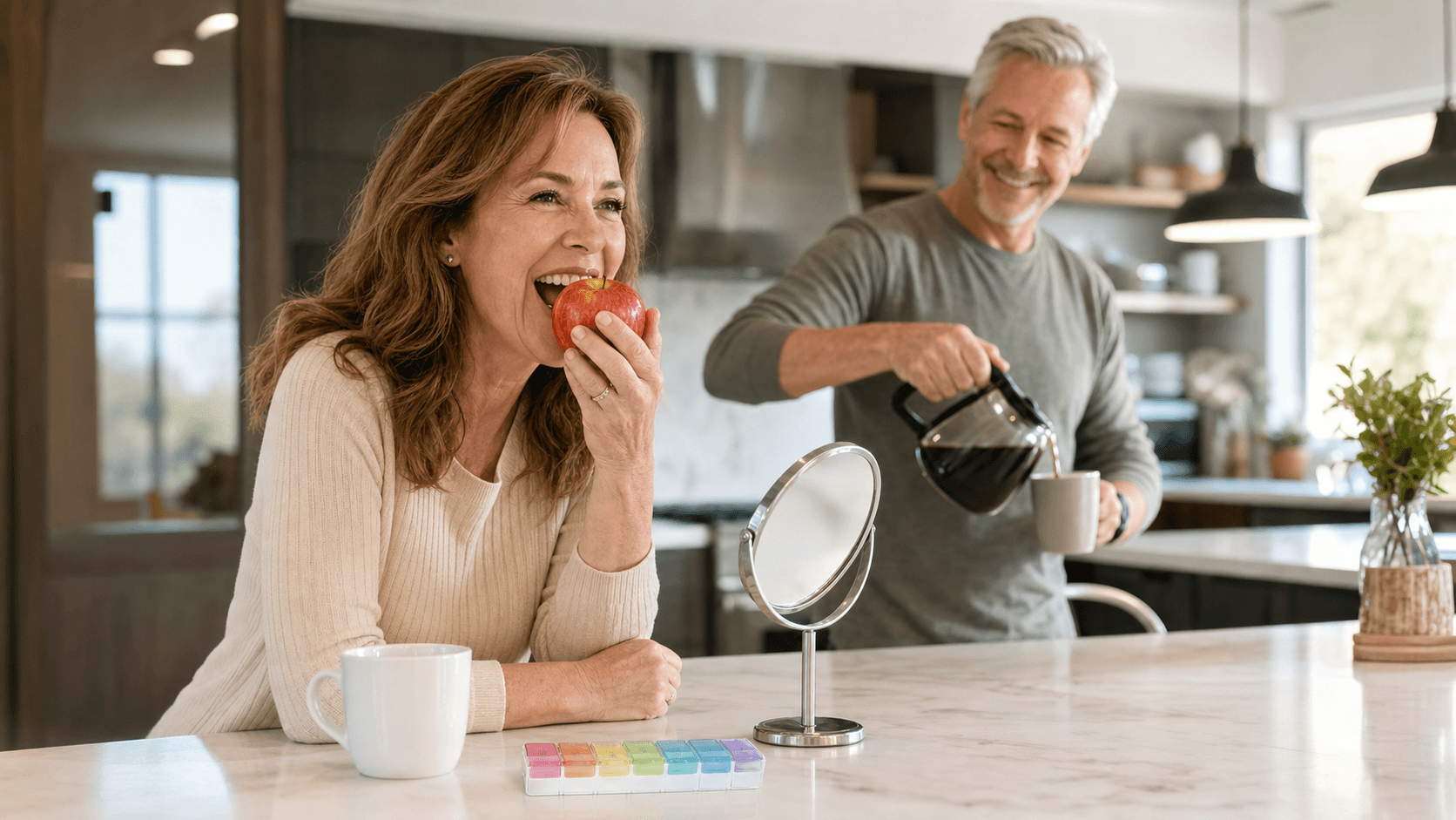 Smiling person in a bright bathroom mirror holds a denture case beside a toothbrush on a white sink.