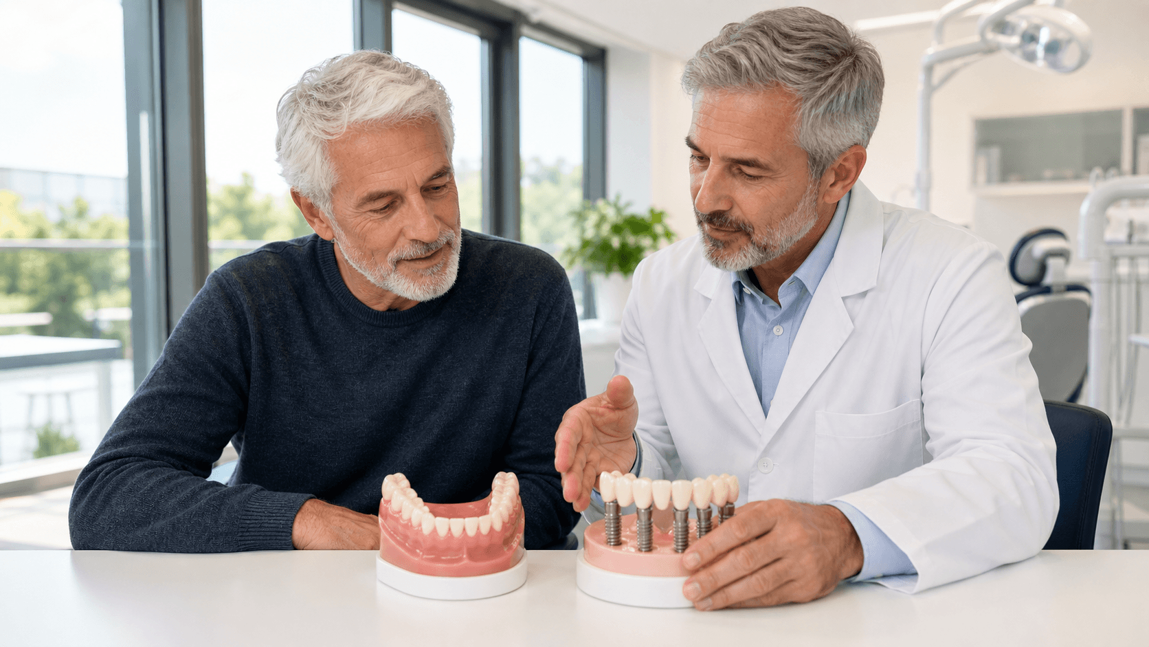 Split comparison graphic of lower denture implants and fixed teeth against a clean blue-and-white background