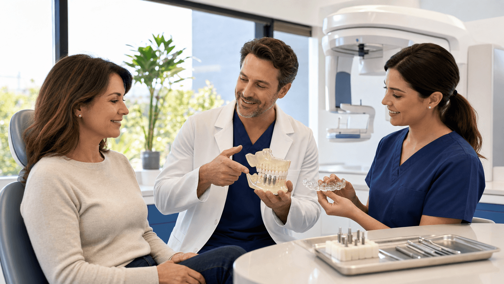 Close-up of a jawbone model beside dental implant tools on a blue background under soft clinical lighting.