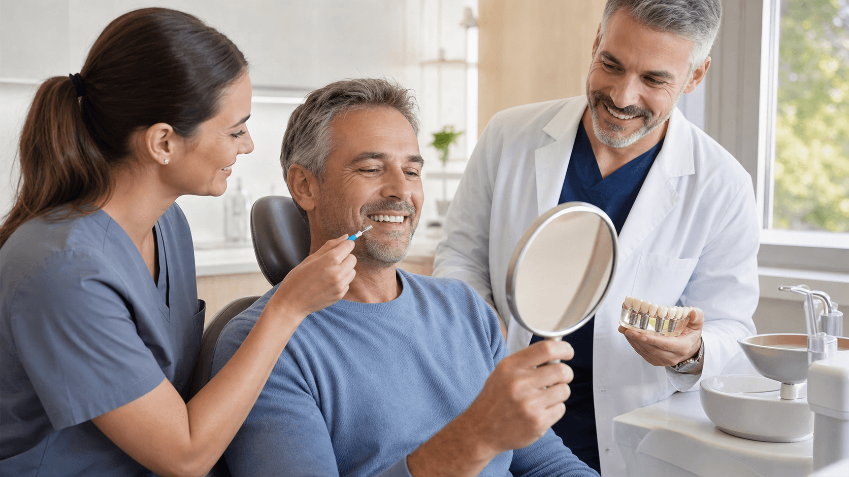 Smiling older woman in a bright dental clinic, touching her teeth, with soft white lighting and blurred background.