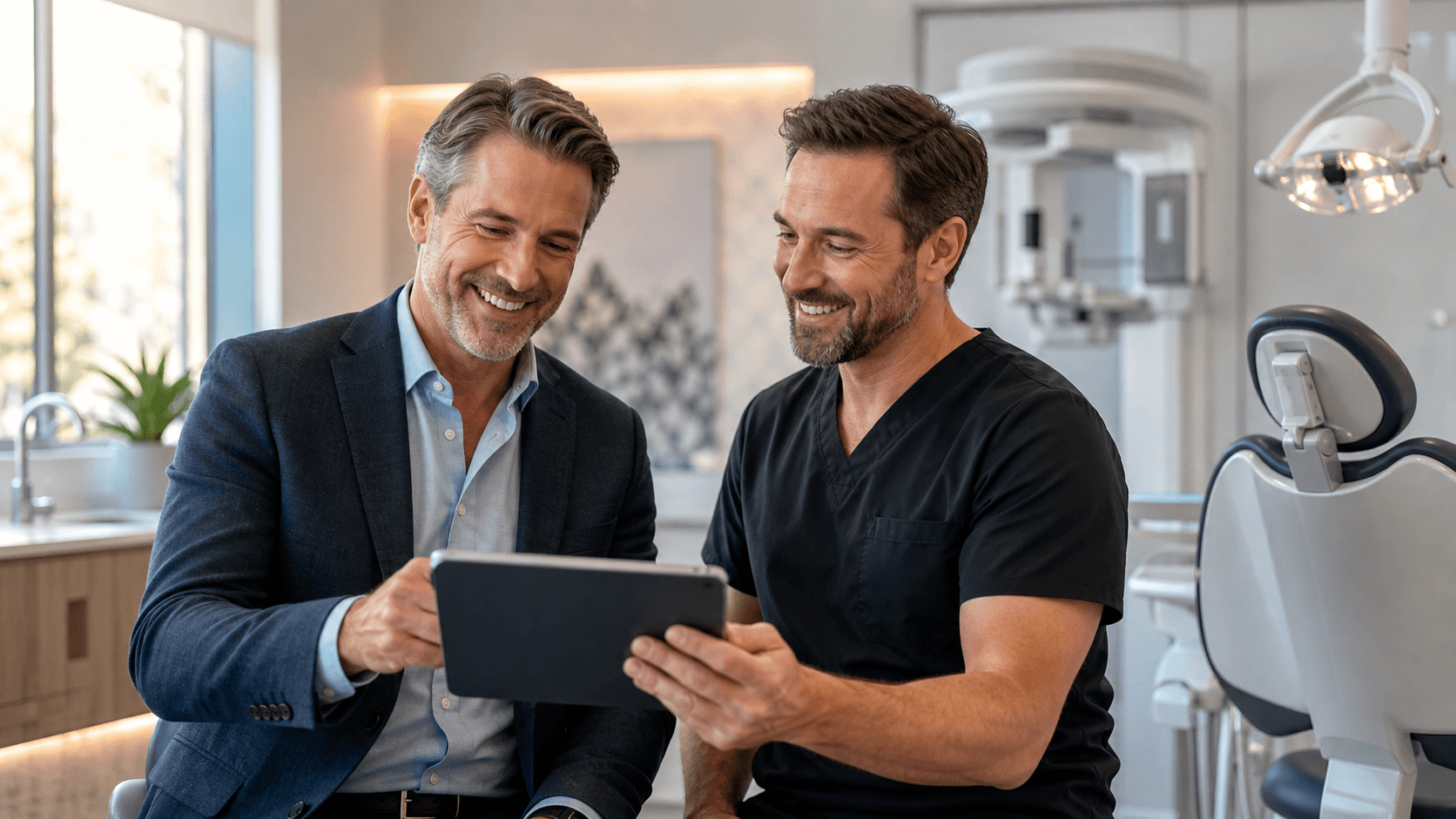 Dentist in blue scrubs reviews a dental X-ray beside a smiling patient in a bright modern clinic.