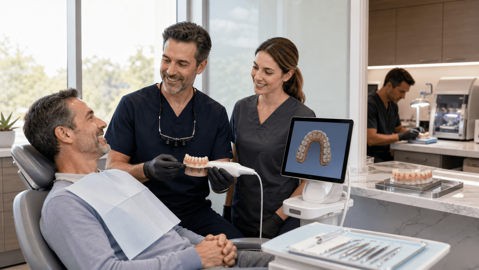 Smiling patient in dental chair with dentist in blue scrubs and bright clinic lighting, dental tools in foreground.