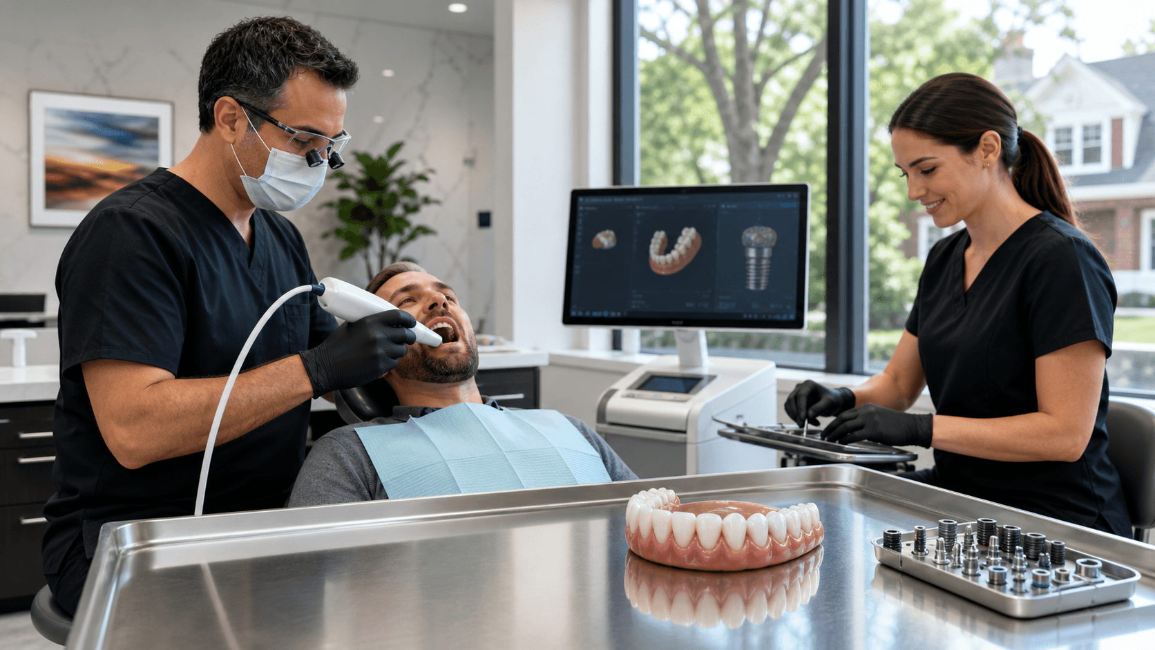 Smiling dentist in white coat holds a dental implant model in a bright clinic with a blue background.