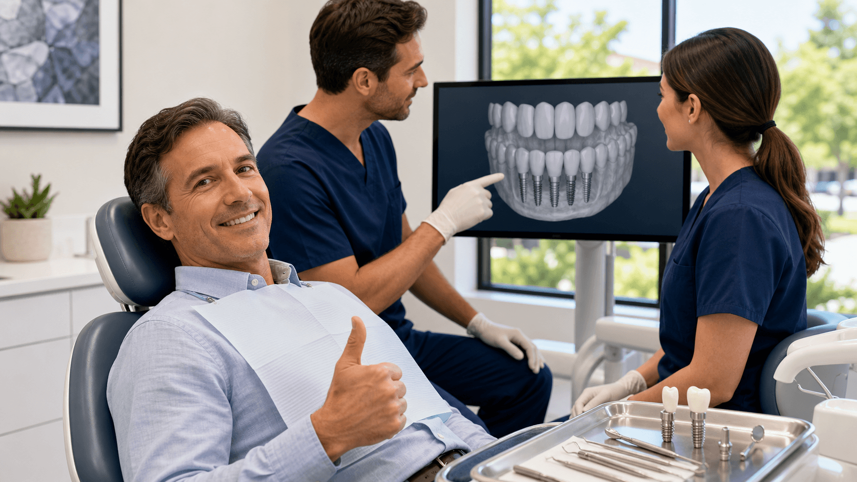 Smiling woman in a modern dental chair under bright lights, with a dentist holding tools beside her.