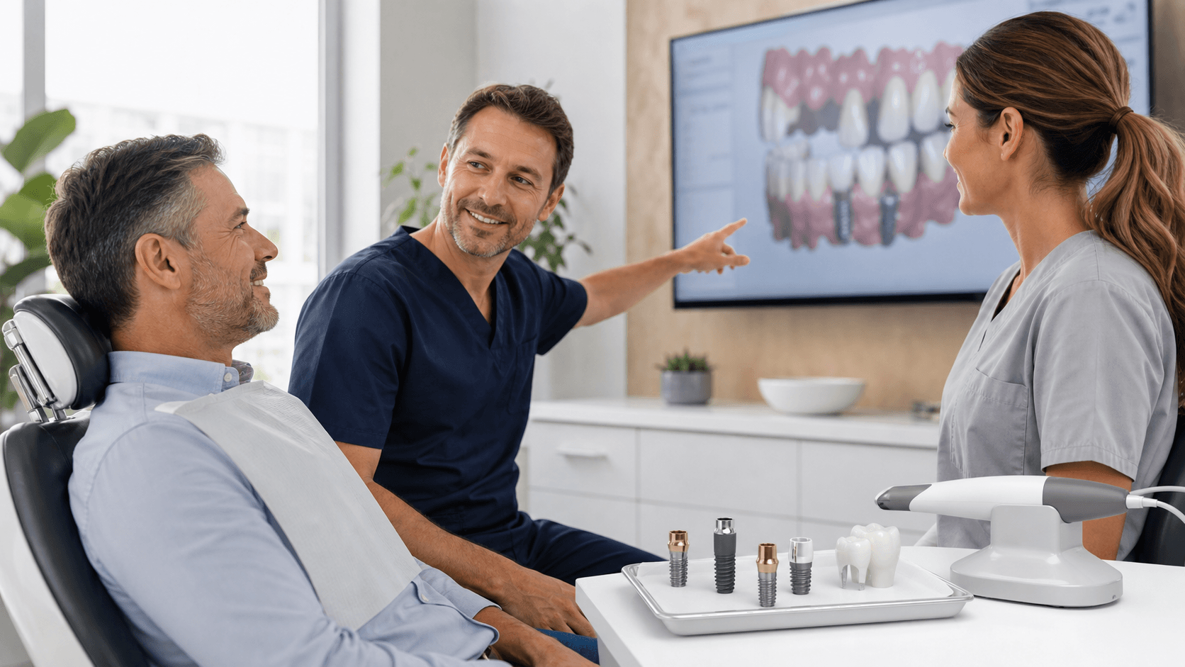 Smiling person with bright white teeth beside a dental implant model, clean white background with soft lighting.