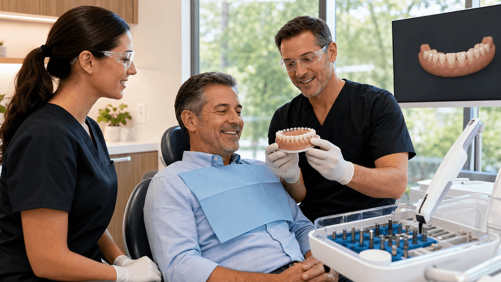 Smiling adult in a dental chair under bright lights, with a dentist holding tools and a digital jaw model on screen.
