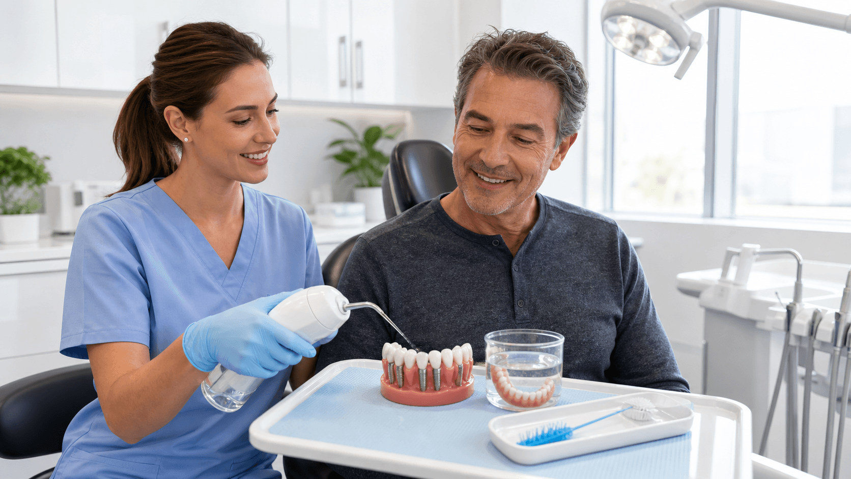 Close-up of a dental implant crown and dentures on a white surface, with a toothbrush and floss in bright light.