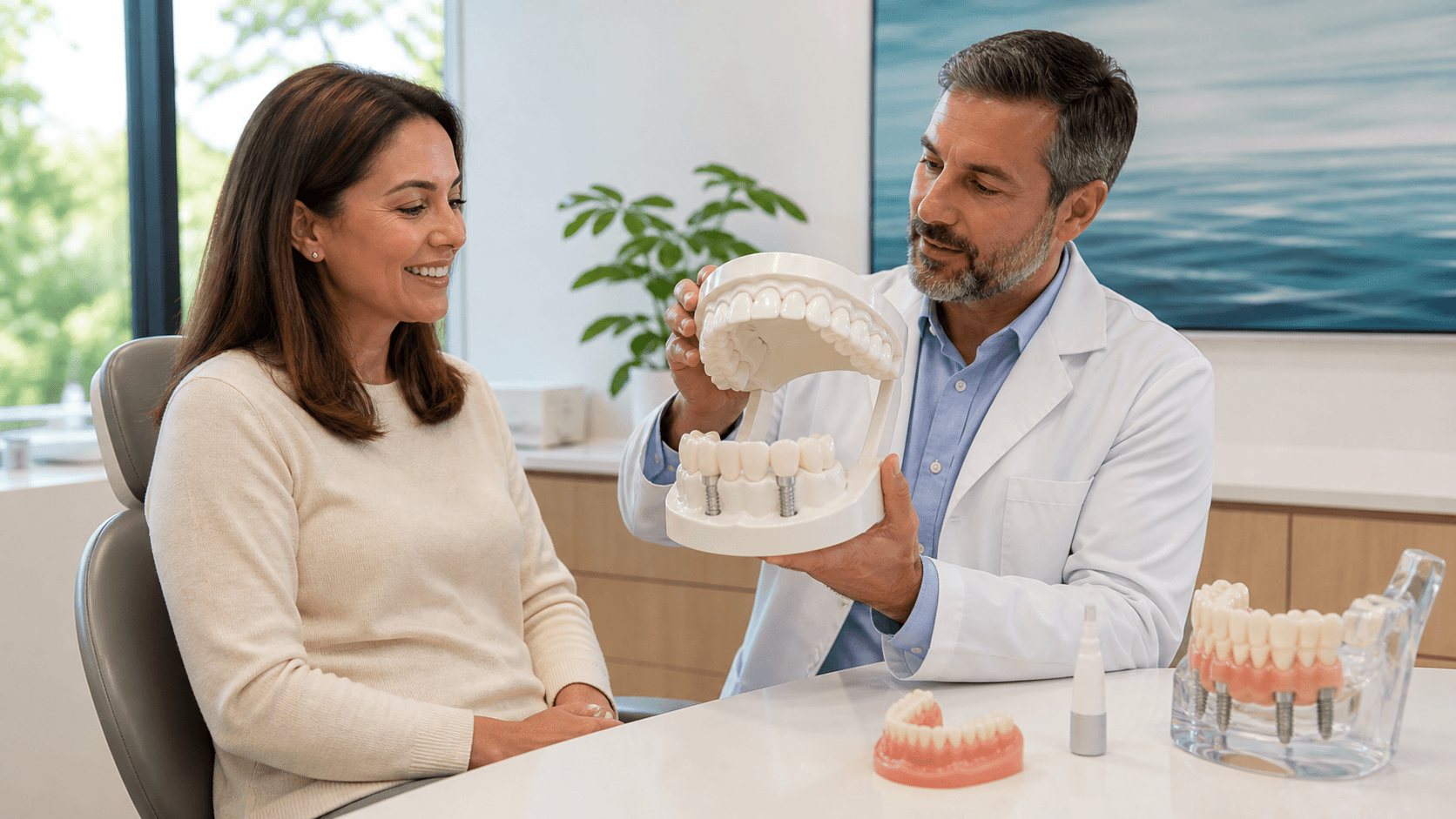 Close-up of dentures on a white tray beside dental tools and a blue implant model in bright clinical lighting