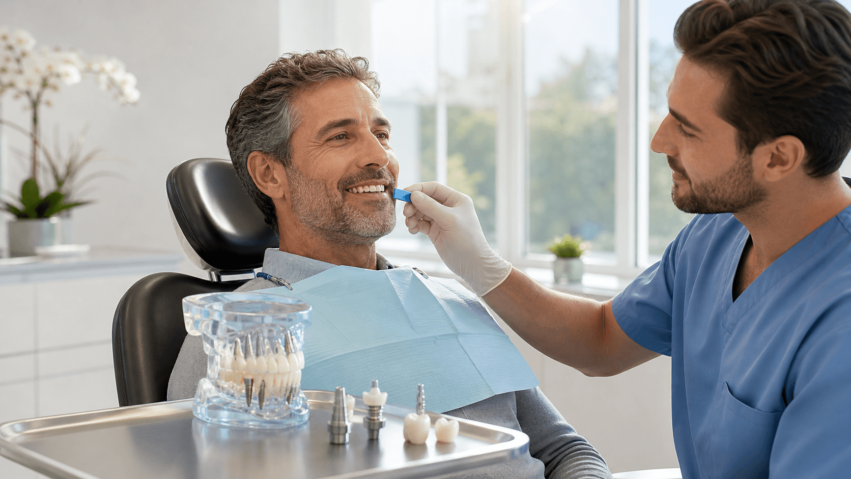 Smiling patient in dental chair as dentist examines teeth under bright overhead light in a clean white clinic.