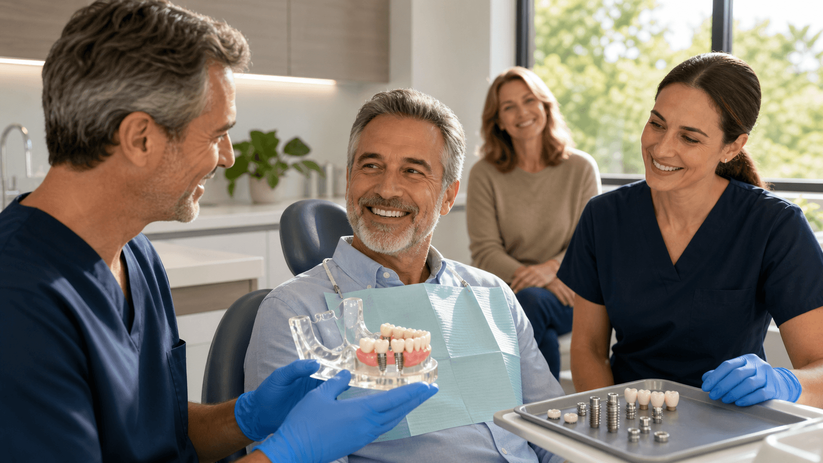 Smiling person in a dental chair, dentist holding an implant model, bright white clinic lighting, close-up composition.