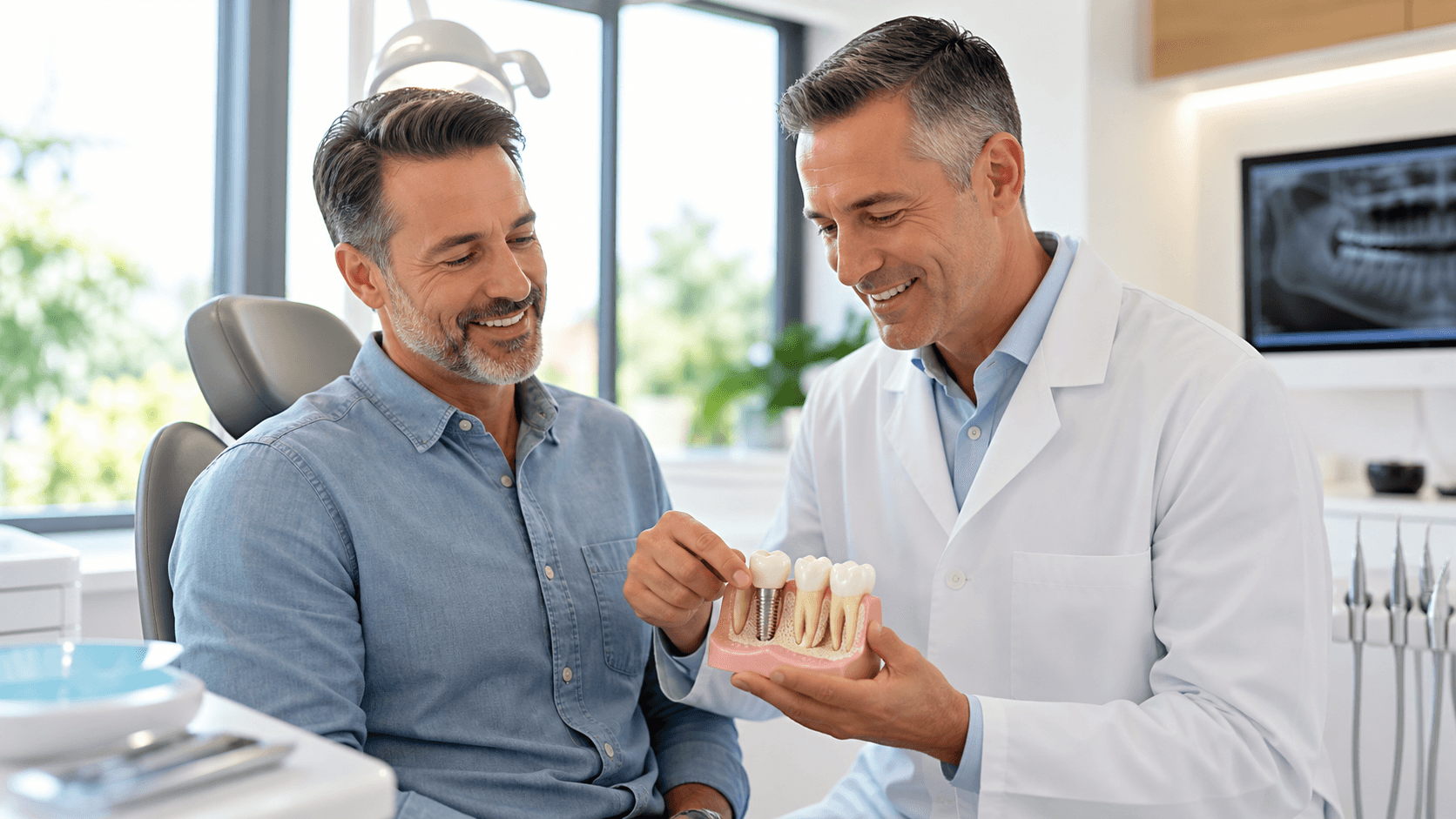 Dentist reviews a digital dental scan with a patient in a bright, modern treatment room.