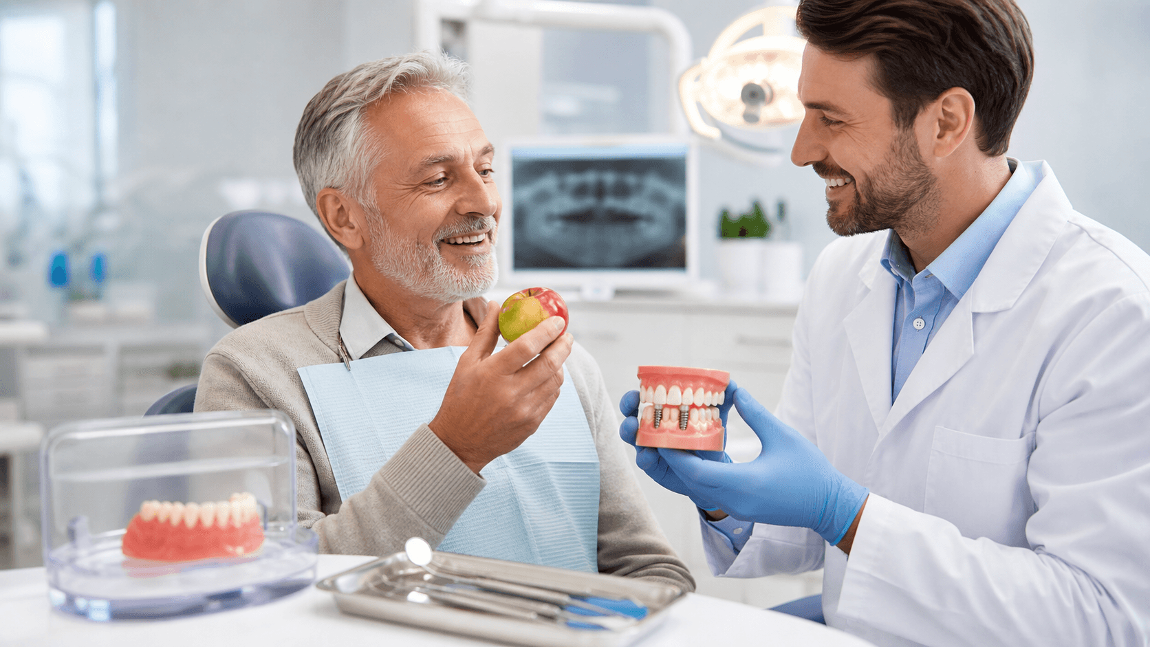 Close-up of a smiling mouth with dentures being adjusted by gloved hands, soft clinical lighting on a blue backdrop.